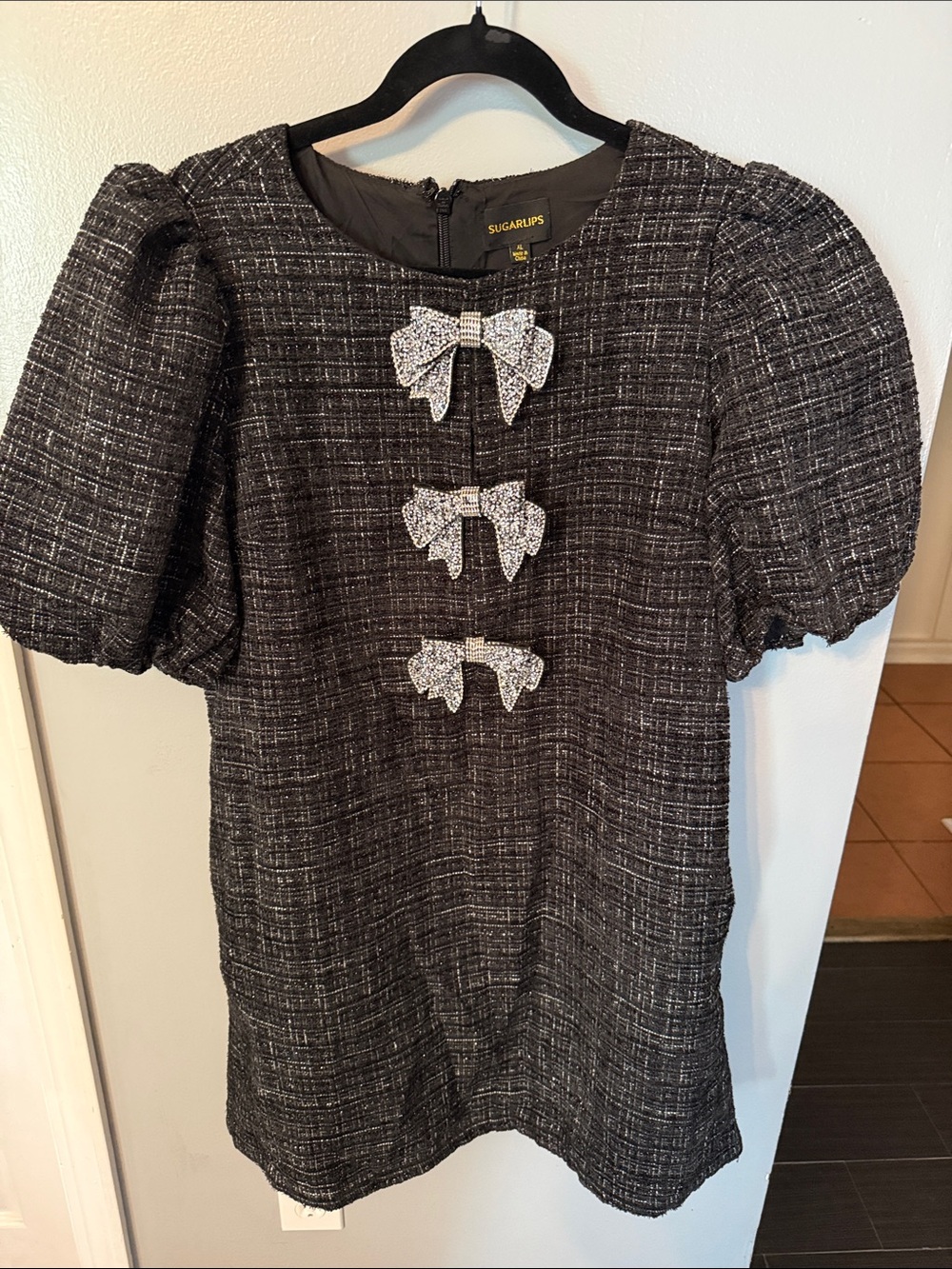 Sugarlips Black Tweed Dress with Crystal Bow Accent